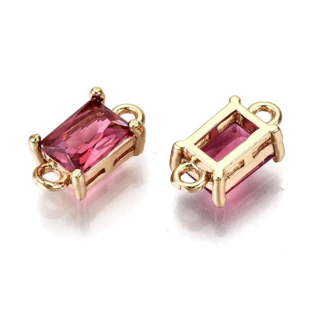 Glass link, gold palted brass, square, cerise, 2 loops, 12x6x4.5mm, 2pcs