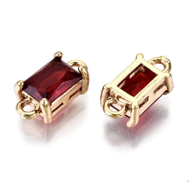 Glass link, gold palted brass, square, dark red, 2 loops, 12x6x4.5mm, 2pcs