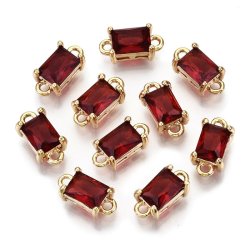 Vergoldeter Glas-Anh&auml;nger, viereckig, dunkelrot, 2 &Ouml;sen, 12x6x4,5 mm, 2 Stk