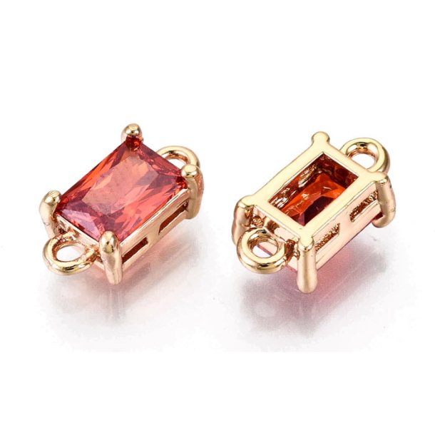 Glass link, gold palted brass, square, coral, 2 loops, 12x6x4.5mm, 2pcs