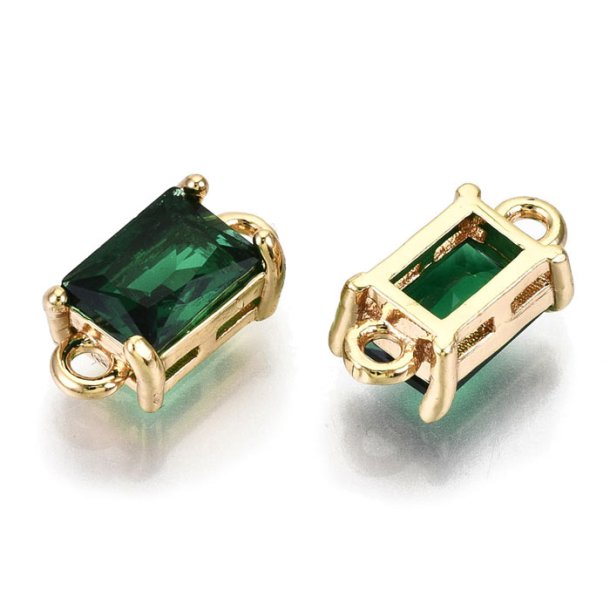 Glass link, gold palted brass, square, dark geen, 2 loops, 12x6x4.5mm, 2pcs