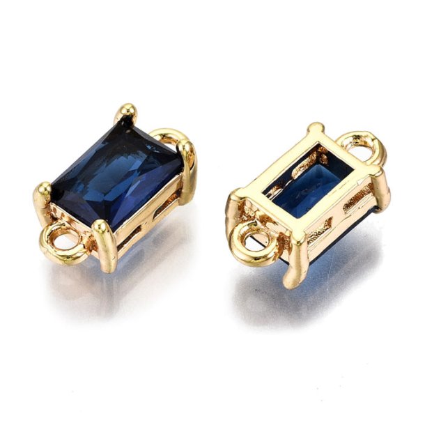 Glass link, gold palted brass, square, dark blue, 2 loops, 12x6x4.5mm, 2pcs