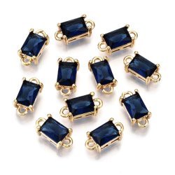 Vergoldeter Glas-Anh&auml;nger, viereckig, dunkelblau, 2 &Ouml;sen, 12x6x4,5 mm, 2 Stk