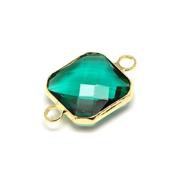 Glass charm, gilded square link with 2 loops, blue green, 19x13x4mm, 1pc.