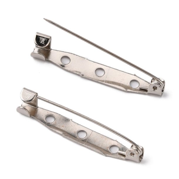 Pin back with locking bar, metal, length 35mm, 4pcs