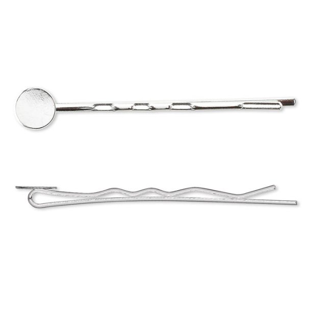 Hairpin with flat 10mm pad, silver plated brass, 63mm, 1pc.
