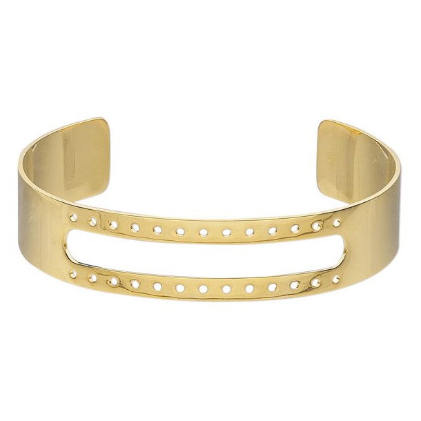 Bracelet, cuff with holes, M, gold-plated brass, adjustable, width 13 mm, 1pc.