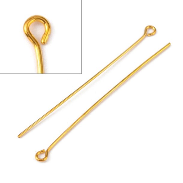 &Ouml;senstifte, Perlenstab mit &Ouml;se, vergoldetes messing, Dicker Draht, 50x0,7 mm, 20 Stk.