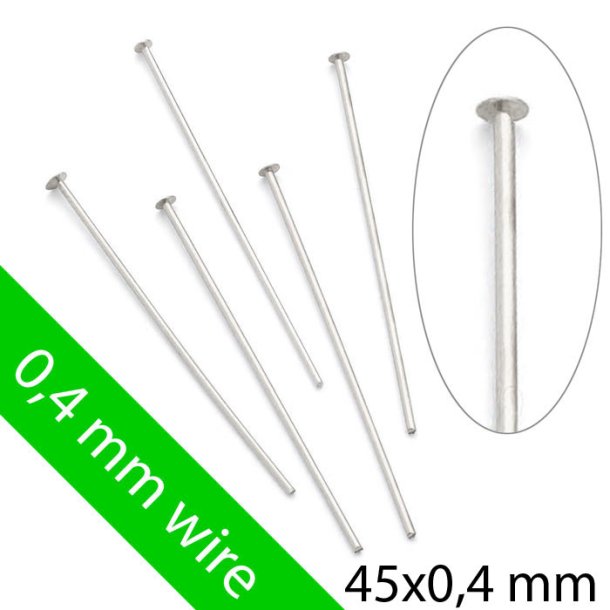 Bulk purchase, Short headpin with 1.3mm plate, thin wire, silver, 45x0,4mm, 100pcs