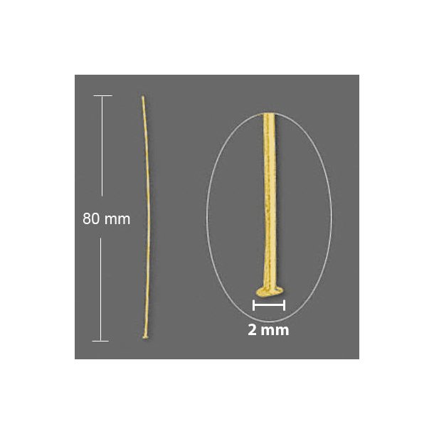 Headpin, extra long, with 2mm plate, gold plated silver, 80x0,6mm, 4pcs