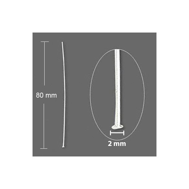 Headpin, extra long, with 2mm plate, silver, 80x0,60mm, 4pcs