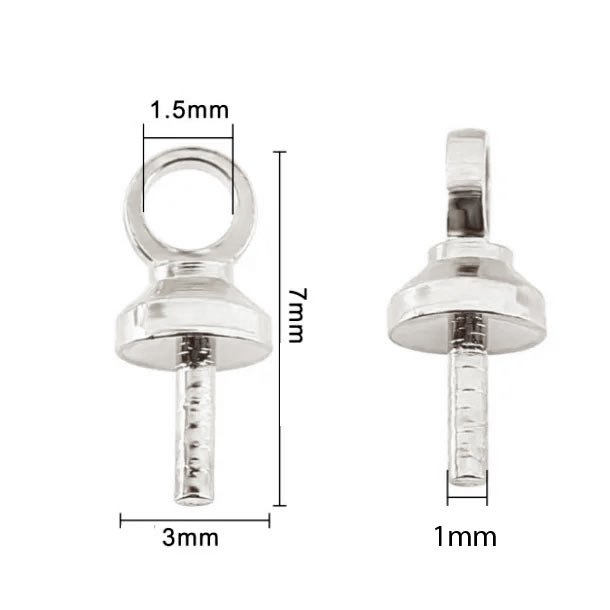 Bail, cup with peg/eye pin, silver-plated, with 1mm peg, 7x3mm, 10pcs.