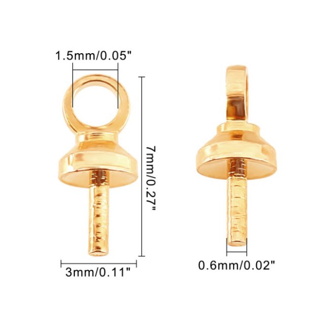 Bail, cup with peg, gold-plated brass, closed eye, 0,7x3x7mm, 6pcs.