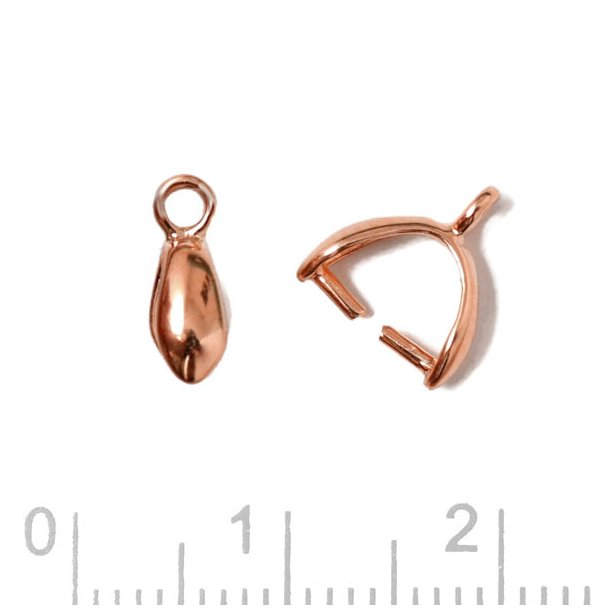 Ice-pick bail for cross drilled beads, shiny, rose gold-plated silver, 10x8x3 mm, 2pc