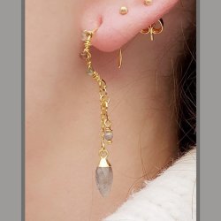 Pendant, drop with loop, grey labradorite, gold-plated silver, 14x6 mm, 1 pc