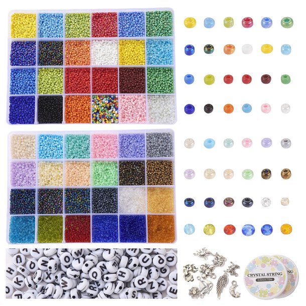 Large DIY seed bead jewellery set with accessories, 2mm, #11, 48 colours, appx. 15000 beads
