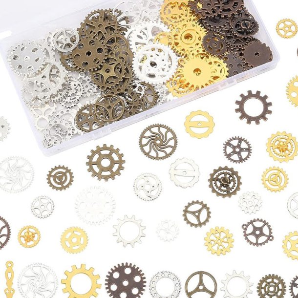 Box of decorative gears in assorted sizes and 5 colours, metal, approx. 180 pieces.