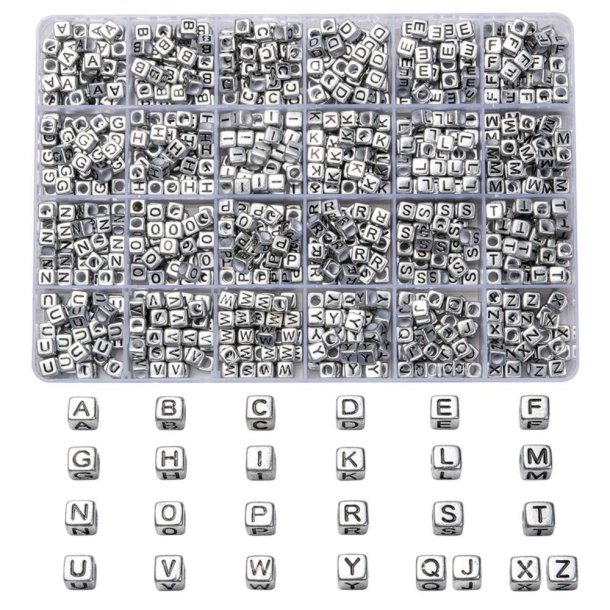 Square acrylic beads with letters A-Z, silver coloured.