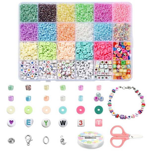 DIY Jewellery set, fimo, seed beads, acrylic beads, elastic cord, scissors and accessories in box