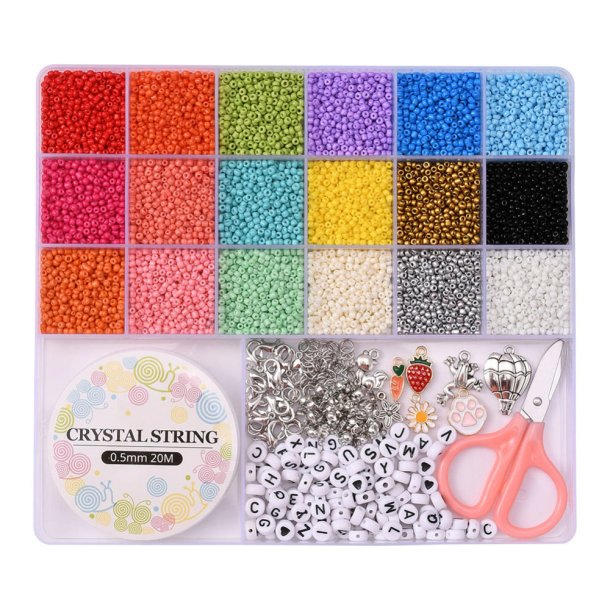 Jewellery set, mix 2mm seed beads, scissors, elastic cord, locks, pendants etc. in box, 19x17x2cm