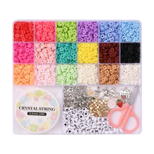 Jewellery set, fimo Heishi beads, scissors, elastic cord, locks, pendants etc. in box, 19x17x2 cm
