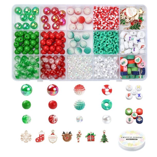 Jewellery set, acrylic beads in Christmas colours, elastic band etc., box: 17x10x2 cm, 1 pc