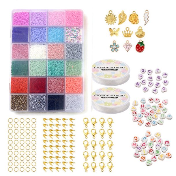 DIY seed bead jewellery set with accessories, 2 mm, #11, 24 pastel colours, appx. 10.000 beads