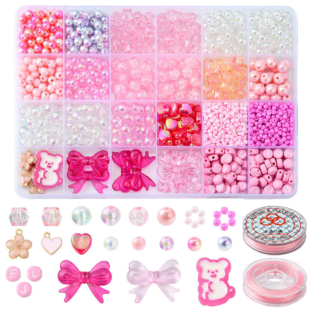 Kinderschmuckset, rosa und pinkfarben, Elastikband und Acrylperlen in Schachtel, 19x13x2 cm