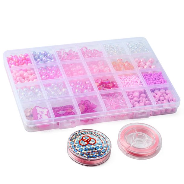 Kinderschmuckset, rosa und pinkfarben, Elastikband und Acrylperlen in Schachtel, 19x13x2 cm