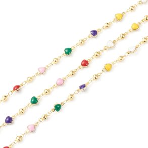Jewellery chain with enamel hearts, gold-plated brass, 10x5.5 mm, 50 cm