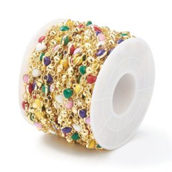 Schmuckkette mit Emaille-Herzen, vergoldetes Messing, 10x5,5 mm, 50 cm