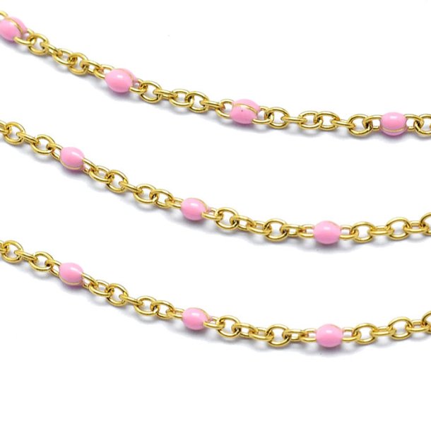 Cable chain, gold-plated steel, flat wire with pink enamel, 2x1.5mm, 50cm