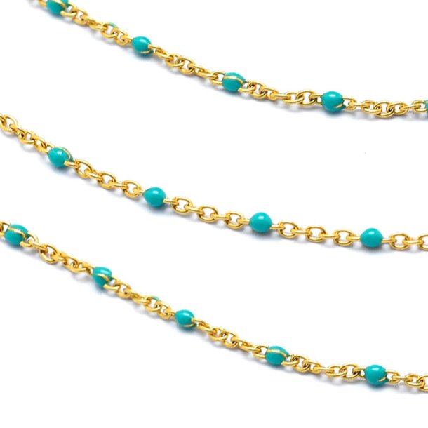 Cable chain, gold-plated steel, flat wire with turquoise enamel, 2x1.5mm, 50cm