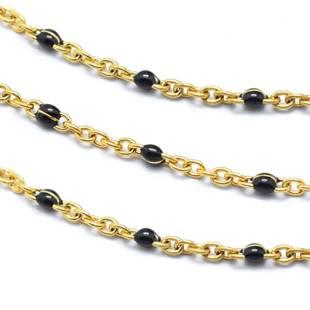 Cable chain, gold-plated steel, flat wire with black enamel, 2x1.5mm, 50cm
