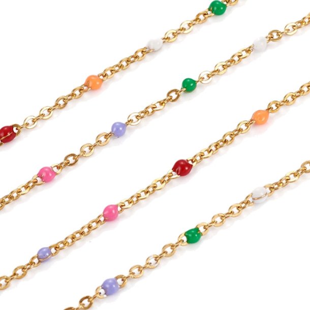 Cable chain, gold-plated steel, flat wire with multicolor enamel, 2x1.5mm, 50cm