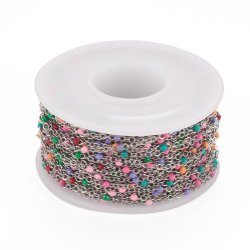 Ankerkette, Edelstahl, flacher Draht mit vielfarbiger Emaille perlen, 2x1,5, 50 cm