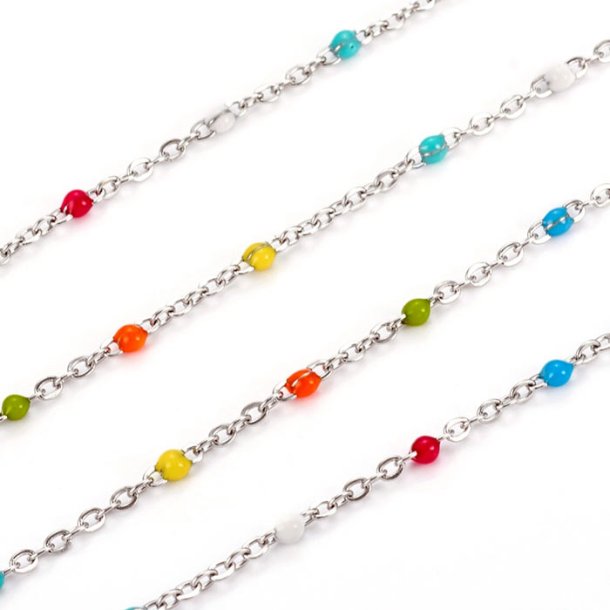 Cable chain, stainless steel, flat wire, multicolored enamel dots, 2x1.5mm, 50cm