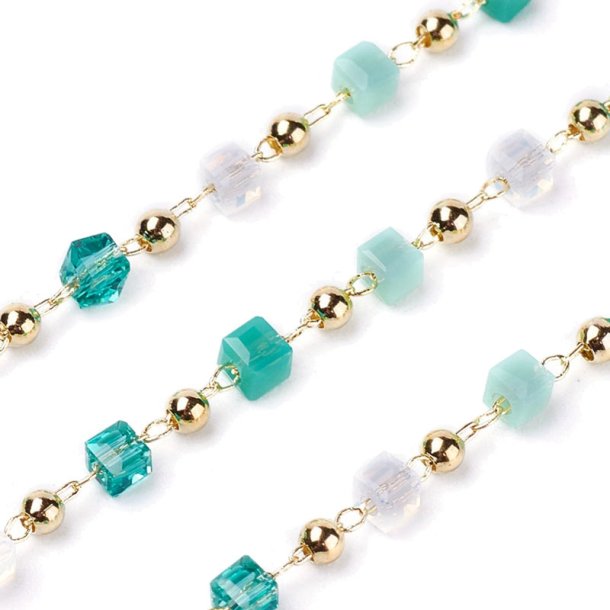 Necklace with cubic green glass beads, gold-plated, approx. 3x3 mm, 50 cm