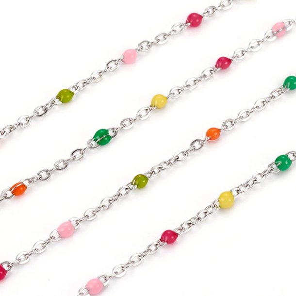 Cable chain, stainless steel, flat wire with multicolored enamel dots, 2x1.5mm, 50cm