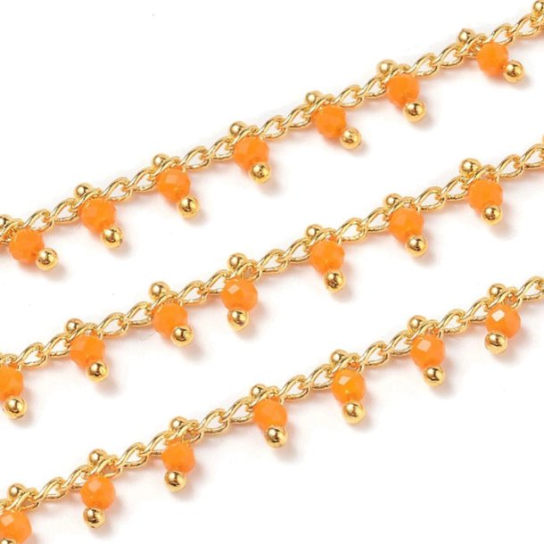 Chain with orange glass bead pendants, gold-plated brass, 2,5 mm, 50 cm