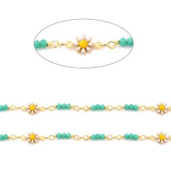 Kette mit Gnseblmchen und trkisfarbenen Seed beads, vergoldetes Messing, 7,5x13 mm, 50 cm