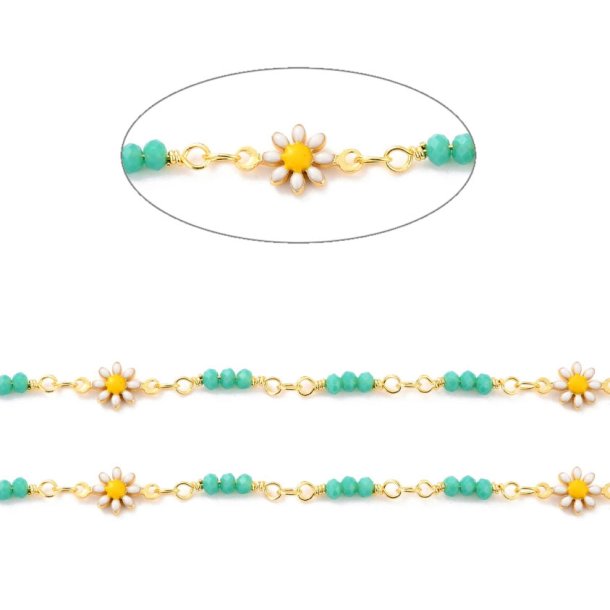 Chain with daisies and turquoise seed beads, strong gold-plated brass, 7.5x13 mm, 50 cm