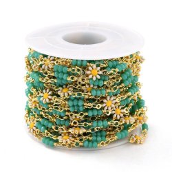 Kette mit Gnseblmchen und trkisfarbenen Seed beads, vergoldetes Messing, 7,5x13 mm, 50 cm