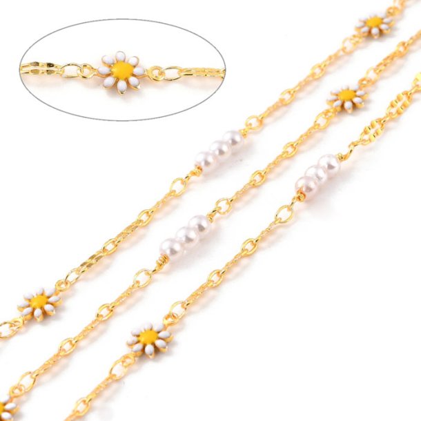 Chain with daisies and shell pearls, strong gold-plated brass, 7.5x13 mm, 50 cm