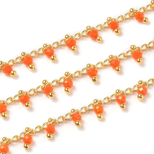Chain with orange-red glass bead pendants, gold-plated brass, 2,5 mm, 50 cm