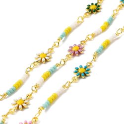 Kette mit Gnseblmchen und Seed Beads, stark vergoldetes Messing, 7,5x13 mm, 50 cm