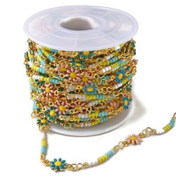 Kette mit Gnseblmchen und Seed Beads, stark vergoldetes Messing, 7,5x13 mm, 50 cm