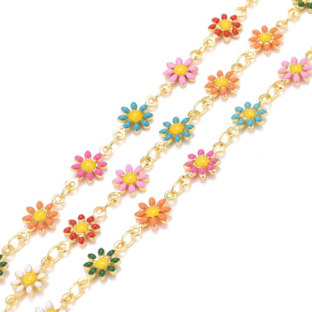 Kette mit Gnseblmchen in verschiedenen Farben, stark vergoldet, 7,5x13 mm, 50 cm