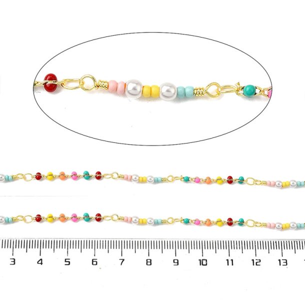 Kette mit Saatperlen, gemischte Farben, stark vergoldetes Messing, 7,5x13 mm, 50 cm