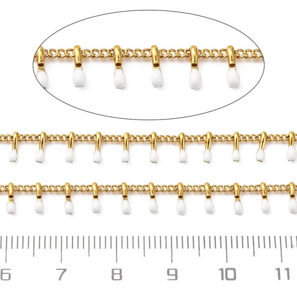 Schmuckkette, gedreht, vergoldeter Stahl mit wei�en Emaille-Tropfen, 6x2x1,5 mm, 50 cm